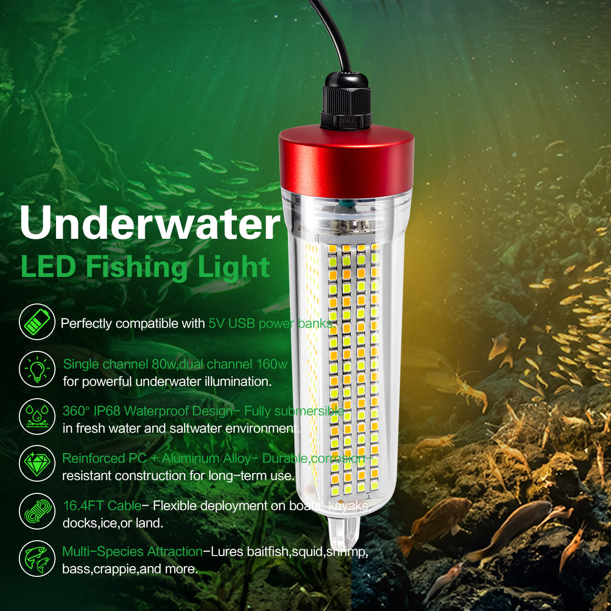 YUFU Dual Light LED Fishlight USB 5V，Green and Yellow Light