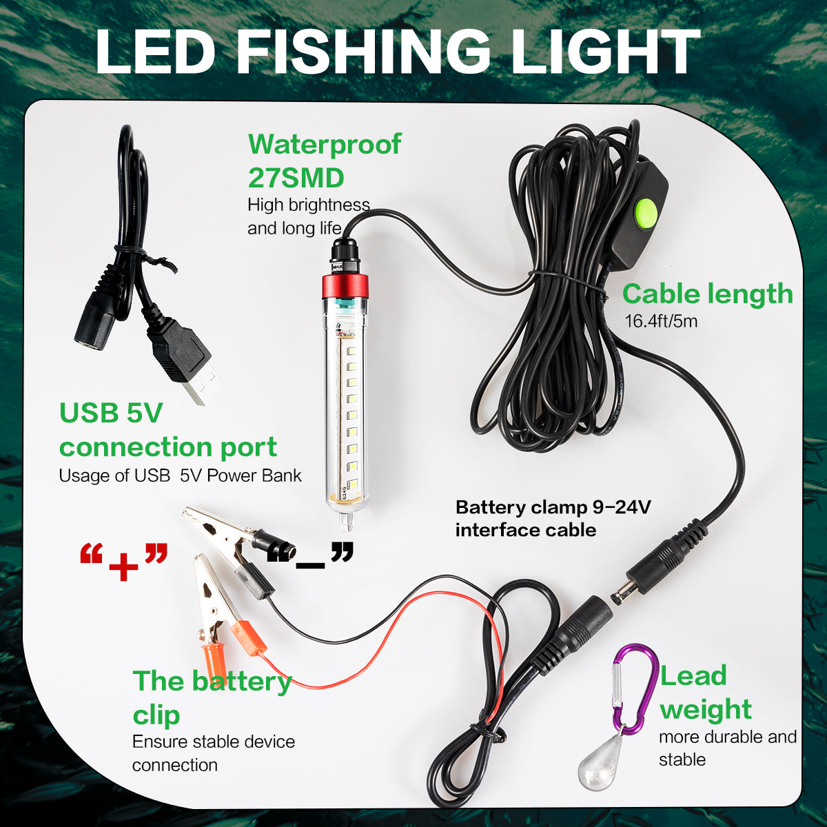 YUFU 4 Color LED Underwater Dock Light 5V-24V Multi-Voltage Fish Attracting Lampu