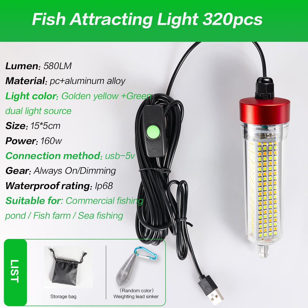 YUFU Dual Light LED Fishlight USB 5V，Green and Yellow Light